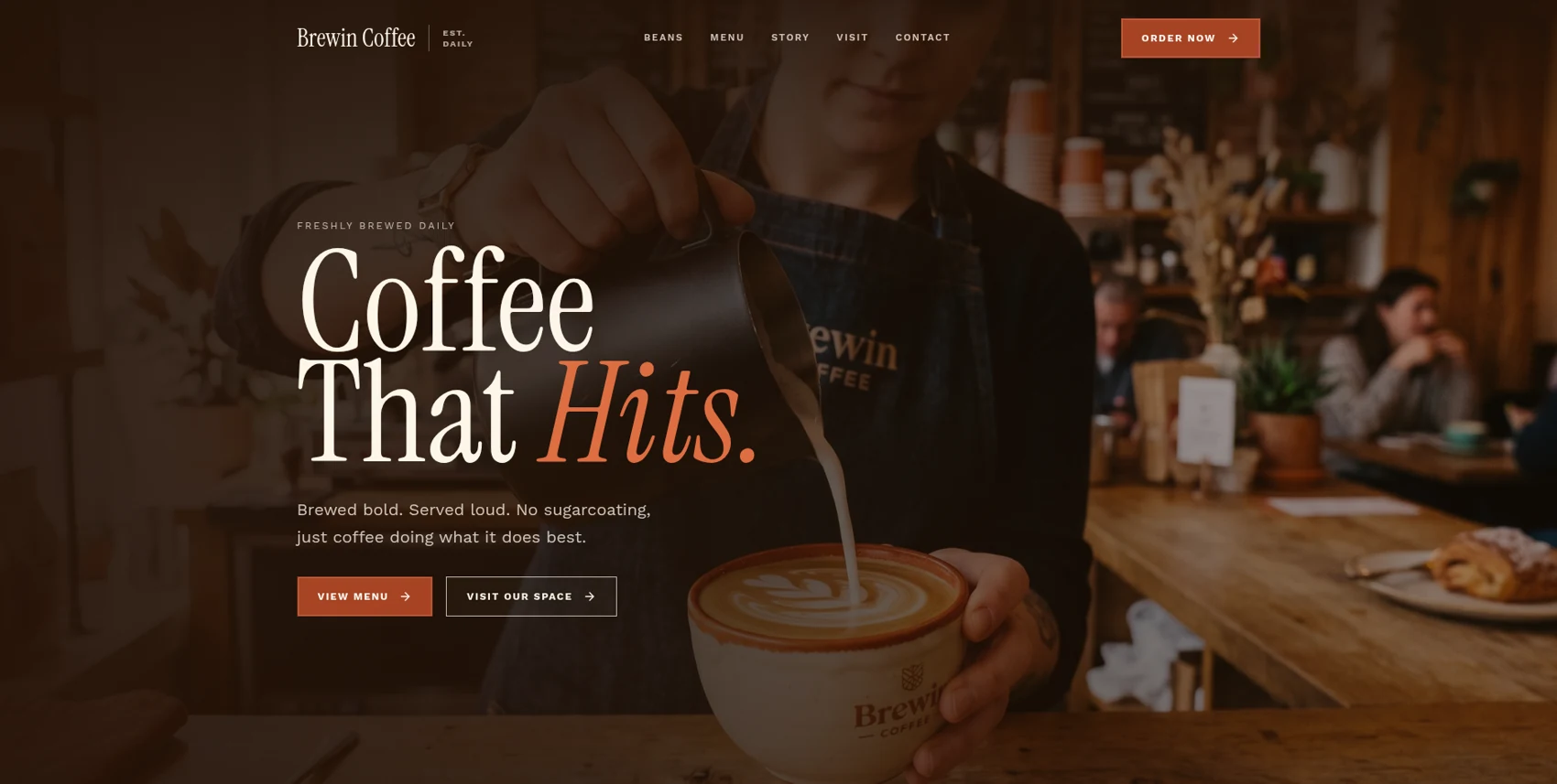Coffee brand website with expressive typography and product photography.